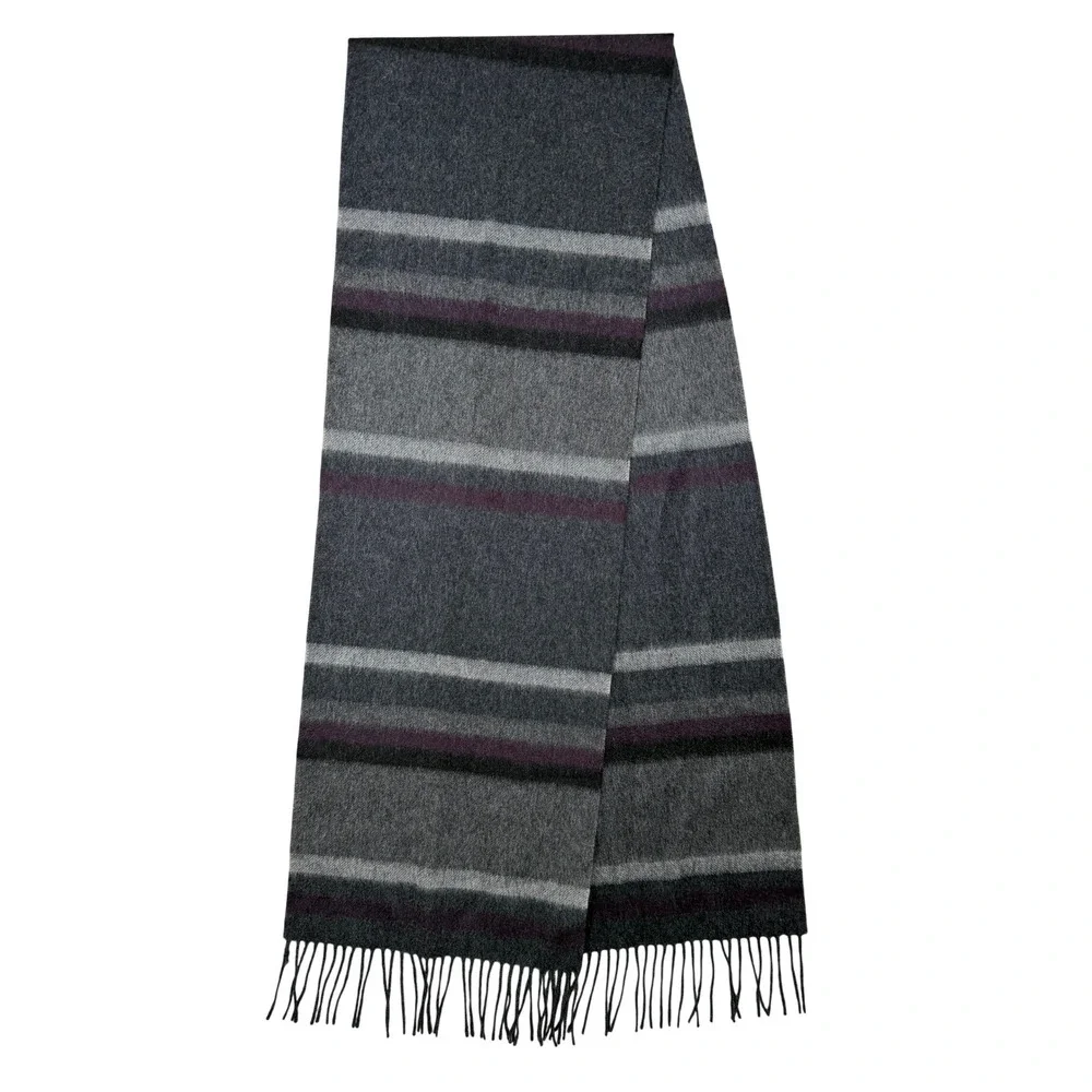 Nordstrom Lambswool Scarf Mens Gray Purple Striped Fringe Winter 78